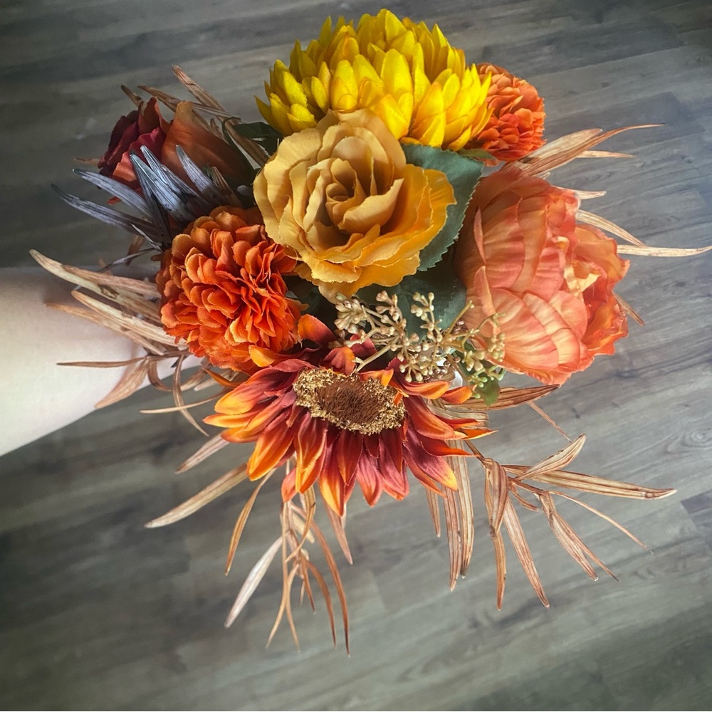 Hand-Tied Permanent Floral Bouquet Decor | Sunflower, Marigolds, Roses, and Mums